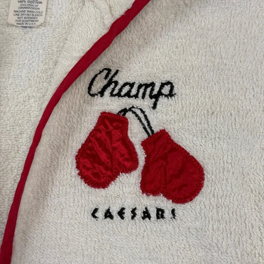 Vintage Caesars Palace Champ Hooded Terry Cloth Robe Kids Large White Red USA